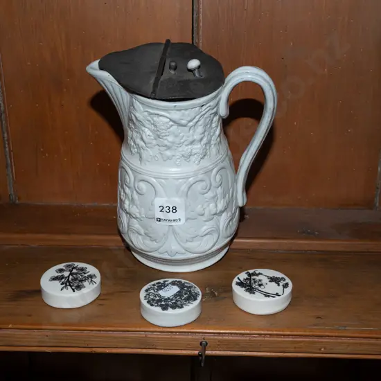lidded water jug - needs attention, 3x small circular wall tiles