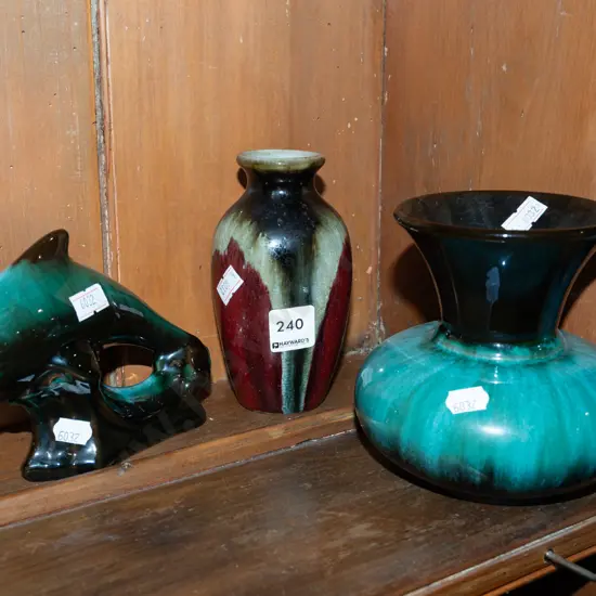 Blue Mountain dolphin, vase, 1 other vase Tallest H145
