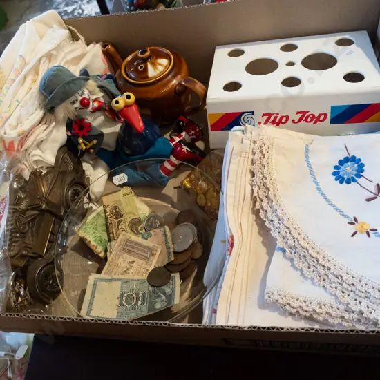 box; flour bags, linen, small teapot, coins etc