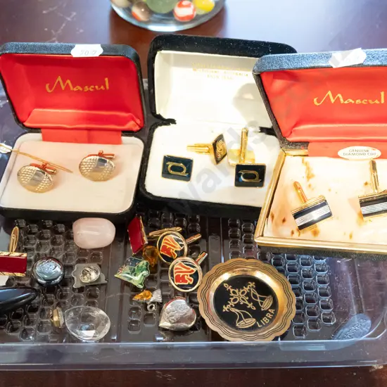 box; cufflinks, polished stones etc