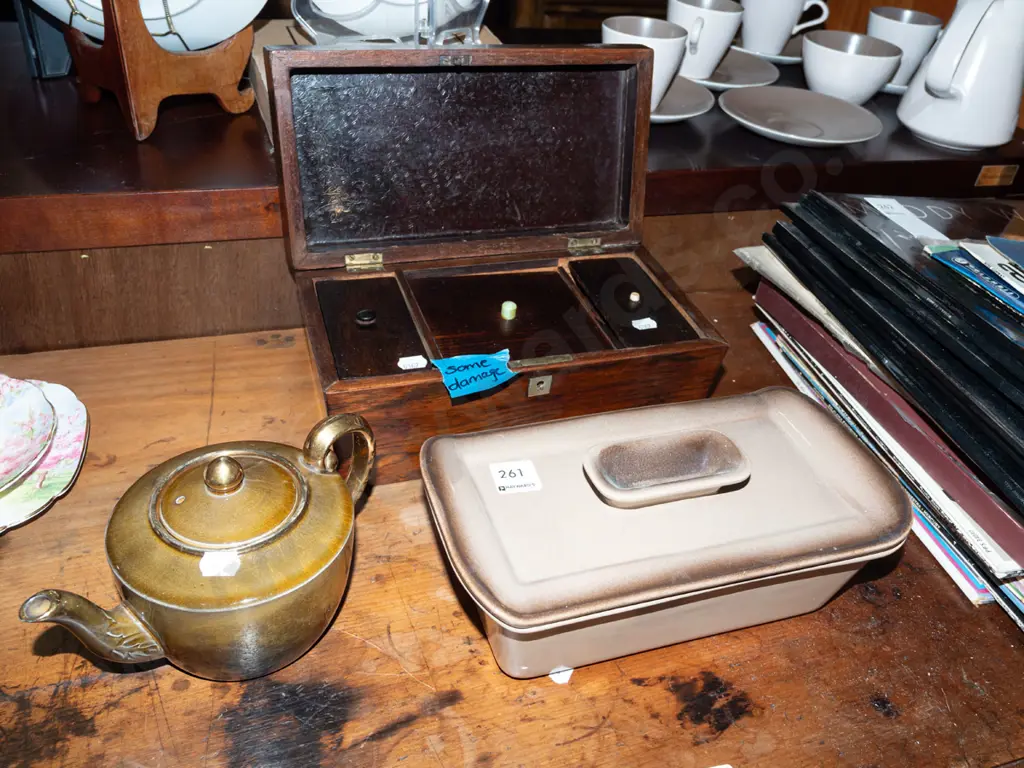 oak tea caddy - damage, Teal Ceramics lidded baking dish, Royal Vista Ware teapot Image 1++