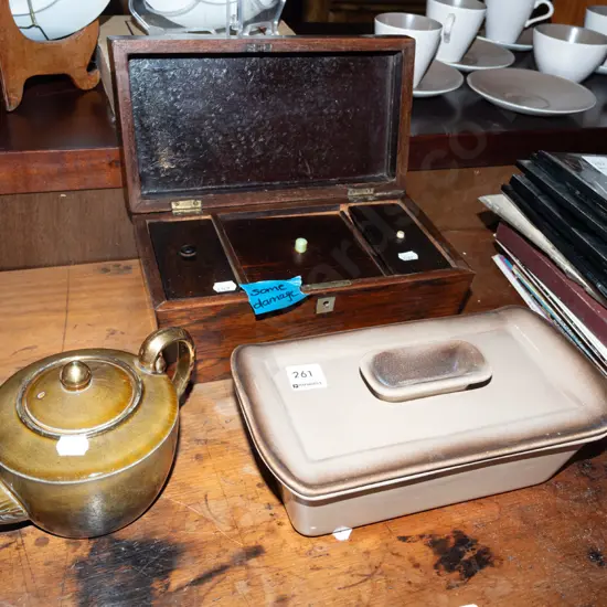 oak tea caddy - damage, Teal Ceramics lidded baking dish, Royal Vista Ware teapot