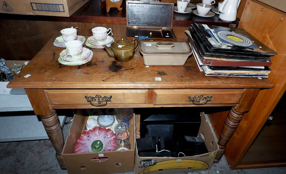 kauri turned leg 2 drawer hall table - significant staining and marks to surface H720 W1150 D500 Image 1++