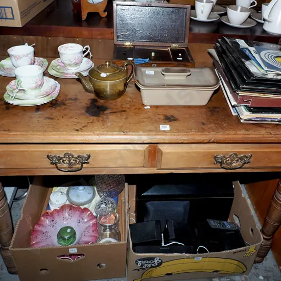 kauri turned leg 2 drawer hall table - significant staining and marks to surface H720 W1150 D500