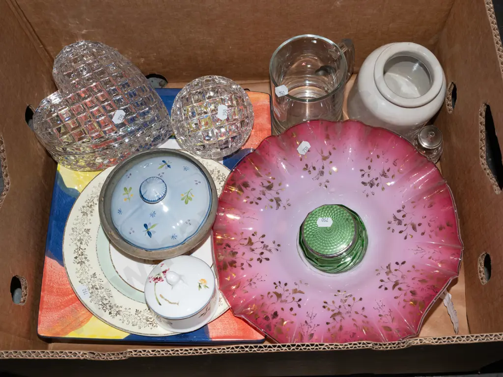 box; glass beer mug, cut crystal trinket boxes, pink and white frilled glass bowl etc Image 1++