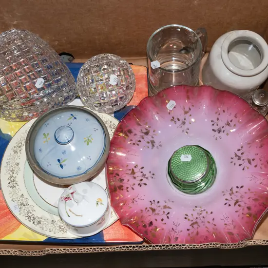 box; glass beer mug, cut crystal trinket boxes, pink and white frilled glass bowl etc