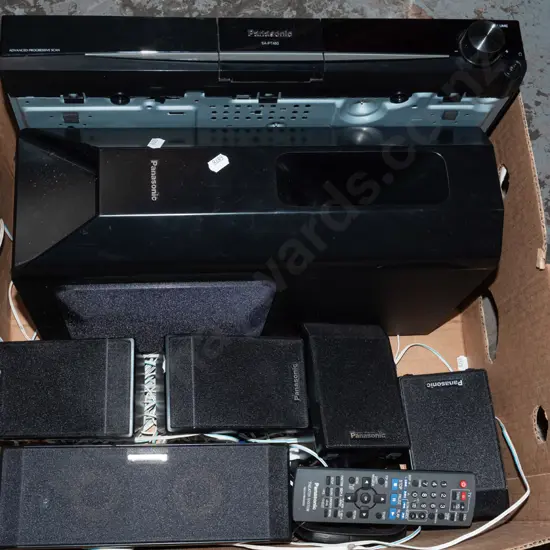 box; Panasonic DVD player with surround sound speakers