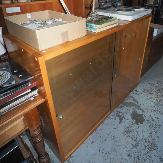 large pine display cabinet with 2 sliding lockable doors and 2x adjustable internal shelves