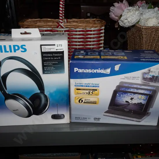 box; Phillips wireless headphones, Panasonic portable DVD player