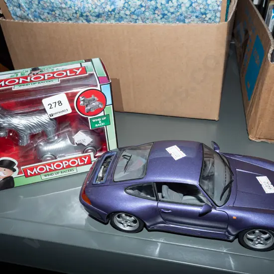 box; Monopoly wind up racers, diecast model of a Porsche 911