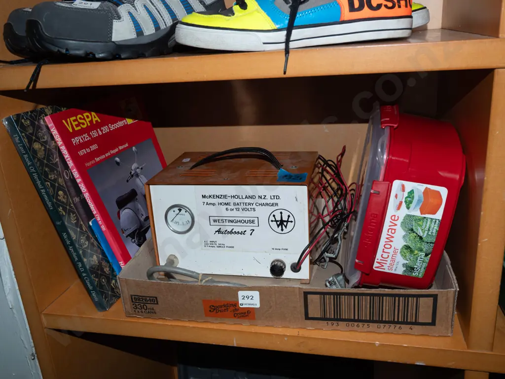 shelf; vespa manual, car battery charger, sistema container etc Image 1++