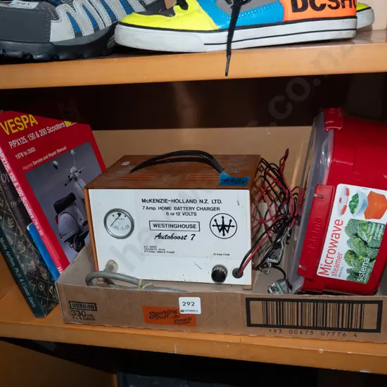 shelf; vespa manual, car battery charger, sistema container etc