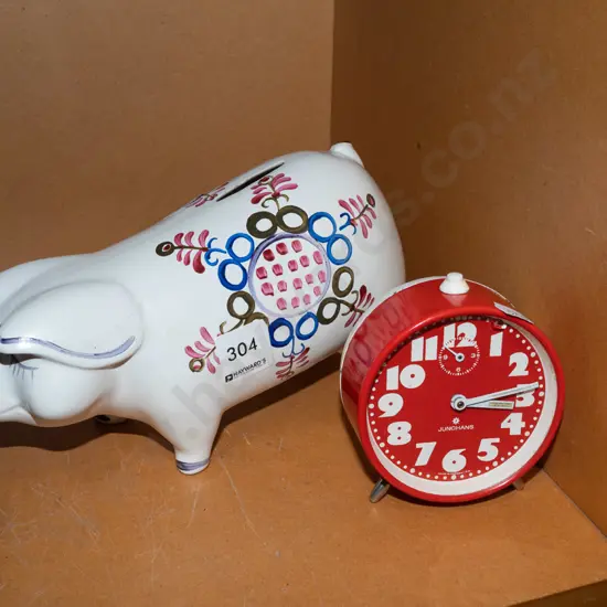 hand painted piggy bank, retro alarm clock
