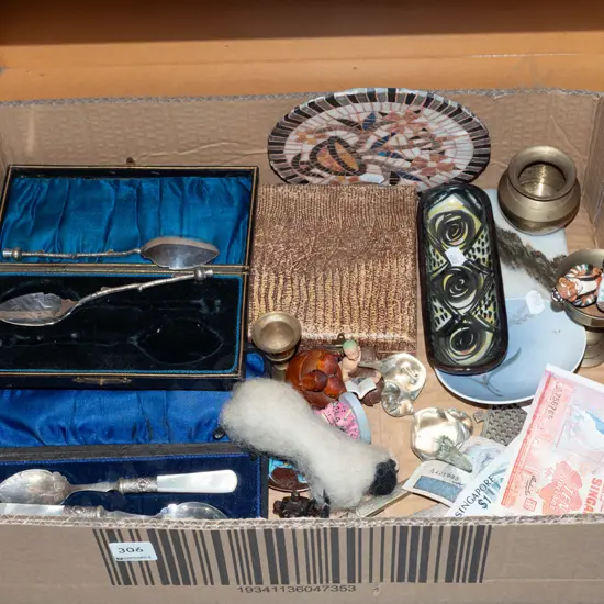 box; cased cutlery, figurines, bank notes etc