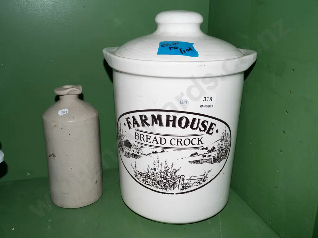 stone ware ink bottle, farmhouse bread crock - crack and chip to lid H350 Image 1++