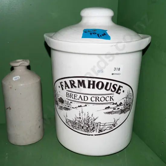 stone ware ink bottle, farmhouse bread crock - crack and chip to lid H350