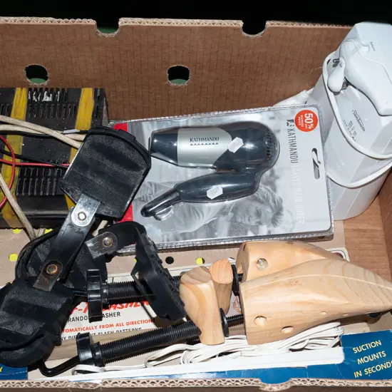 box; electric  can opener, battery charger, shoe forms etc