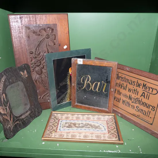 bar sign, Asian needlework, carved wooden panel etc
