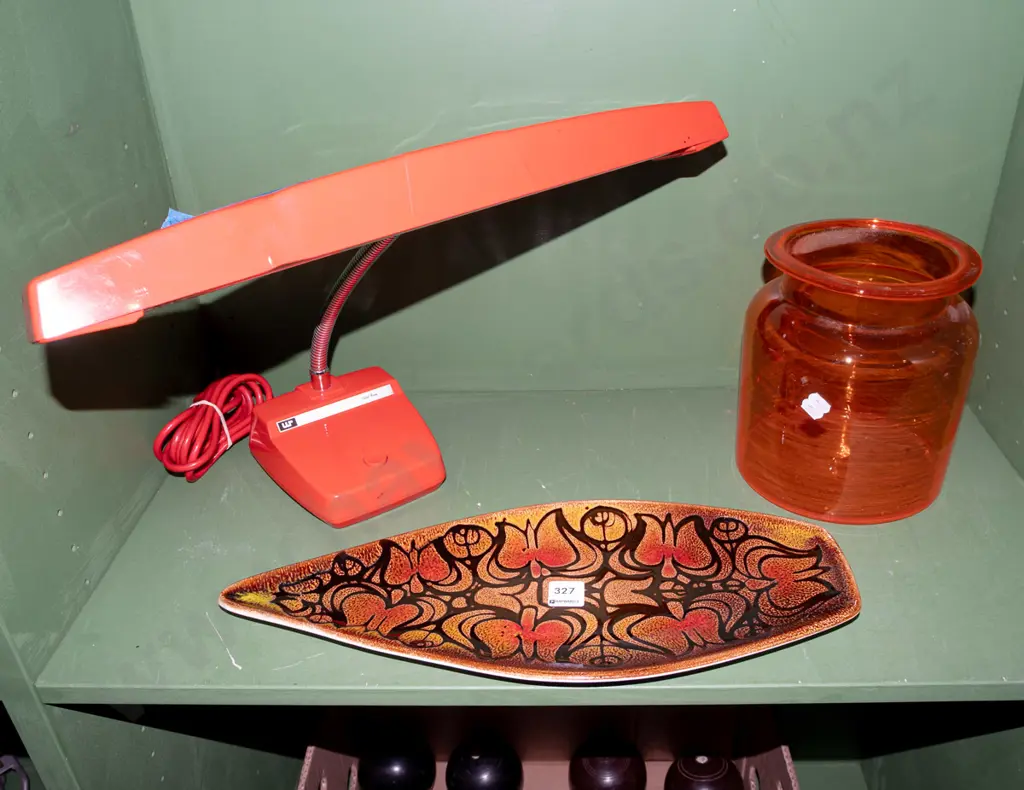 orange glass bowl, retro Poole plate, fluorescent desk lamp - some dents to lamp shade  Image 1++