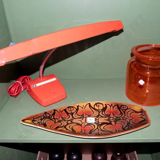 orange glass bowl, retro Poole plate, fluorescent desk lamp - some dents to lamp shade 