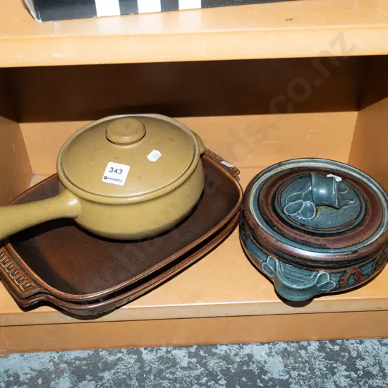 Denby long handled pot/casserole,studio pottery casserole, 2x baking dishes