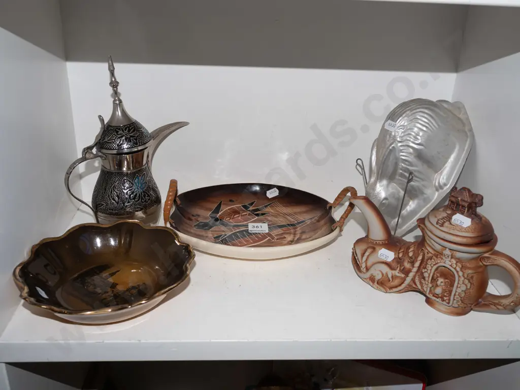 shelf; rabbit jelly mould, Turkish coffee pot, Australian souvenir tray etc Image 1++