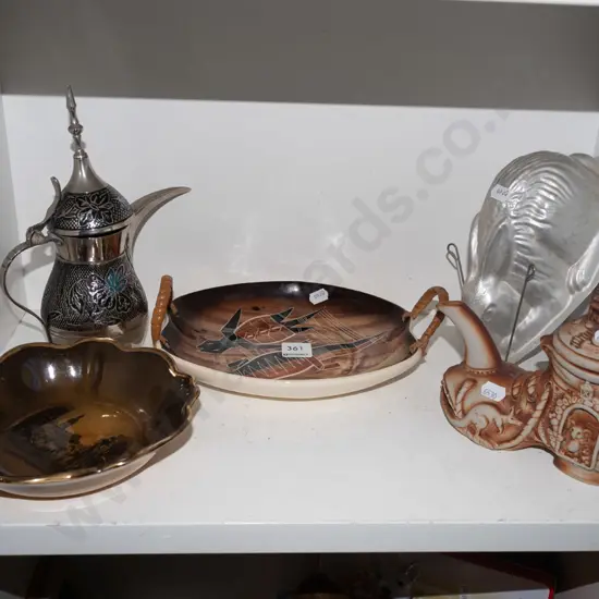 shelf; rabbit jelly mould, Turkish coffee pot, Australian souvenir tray etc