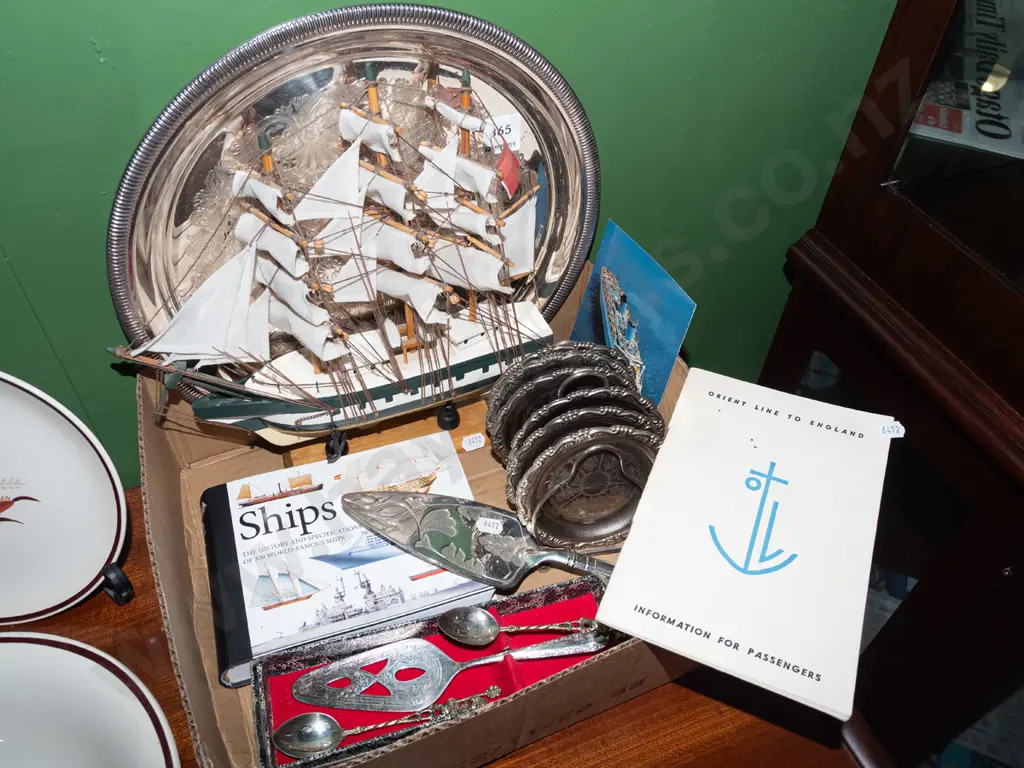 box; model boats, ships books, plated tray etc Image 1++
