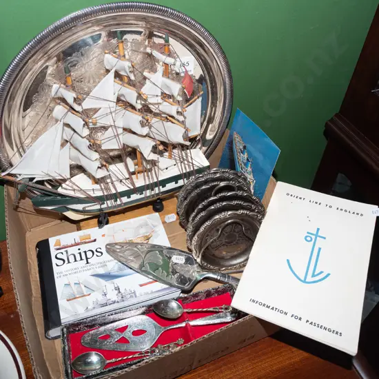box; model boats, ships books, plated tray etc