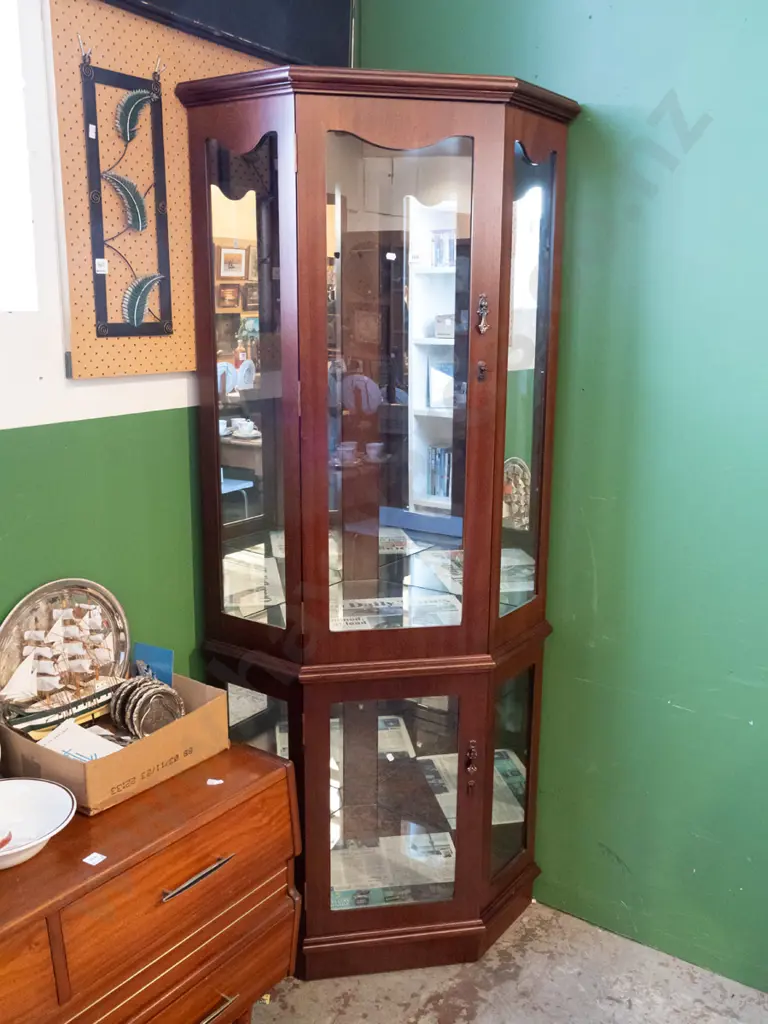 mdf and mahogany veneer mirror back corner cabinet with glazed sides and doors H1830 W800 D570 Image 1++