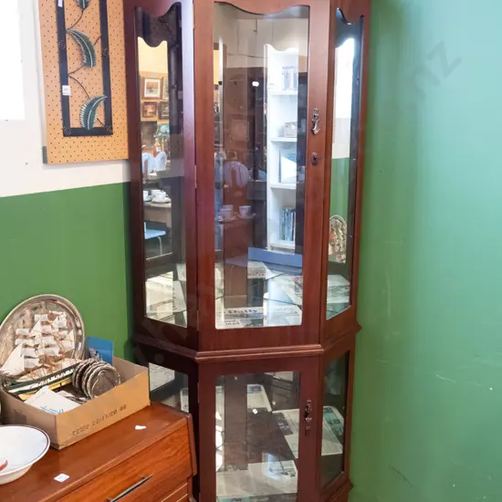 mdf and mahogany veneer mirror back corner cabinet with glazed sides and doors H1830 W800 D570