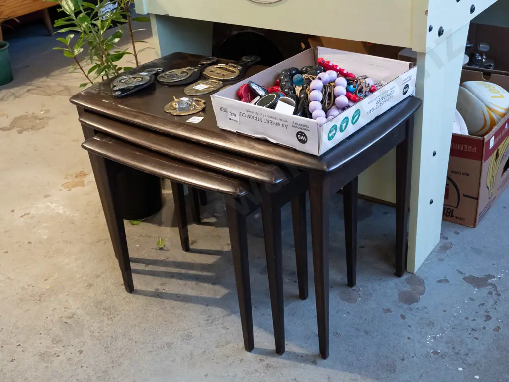 nest of 3 dark stained mid century tables Image 1++
