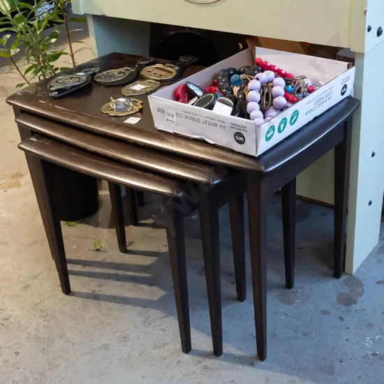 nest of 3 dark stained mid century tables