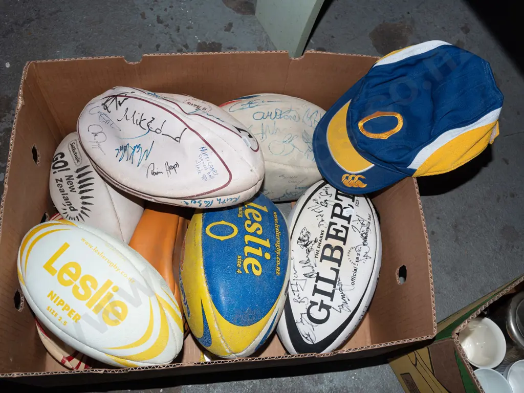 box; rugby balls - some signed, Otago supporters cap Image 1++