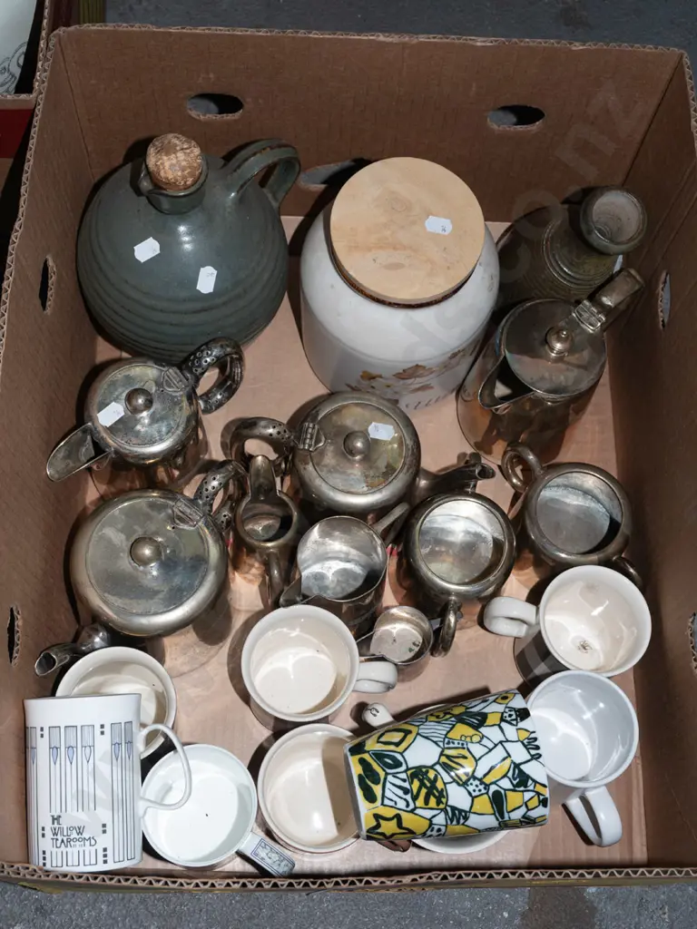box; coffee cups, plated jugs, studio pottery jug etc Image 1++
