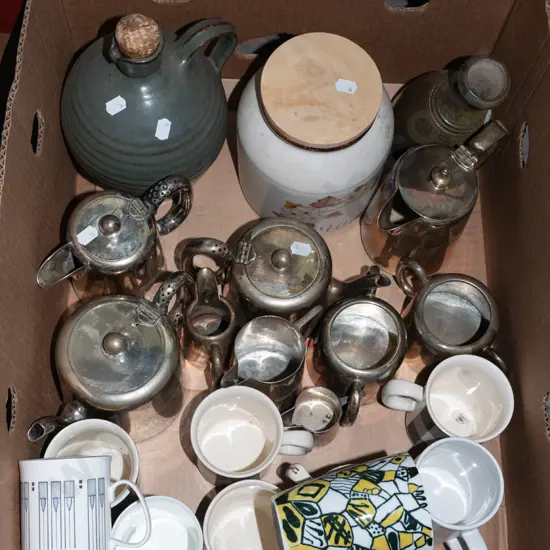 box; coffee cups, plated jugs, studio pottery jug etc