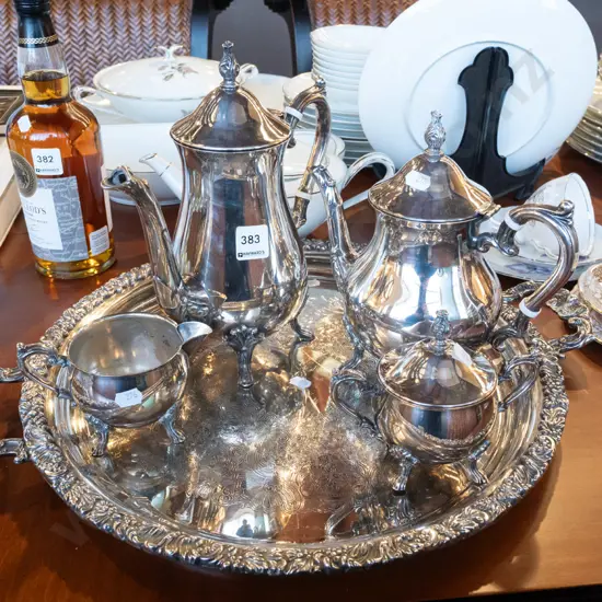 plated tray, teapot, coffee pot etc