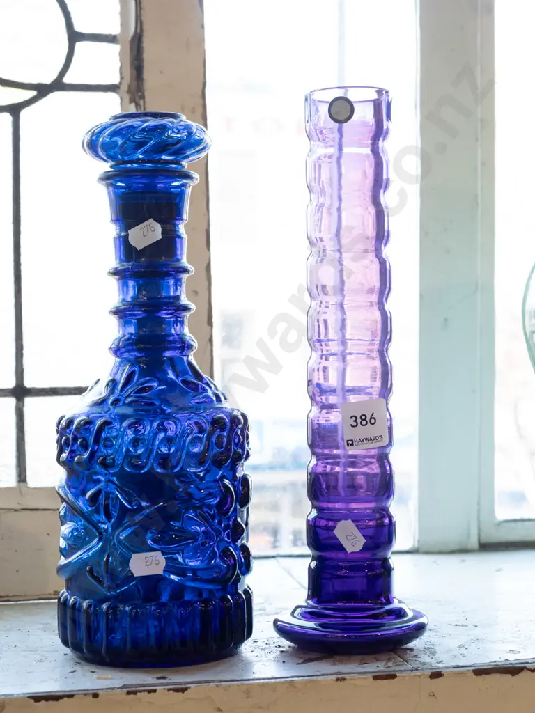 blue glass stoppered decanter, purple glass vase H290 Image 1++