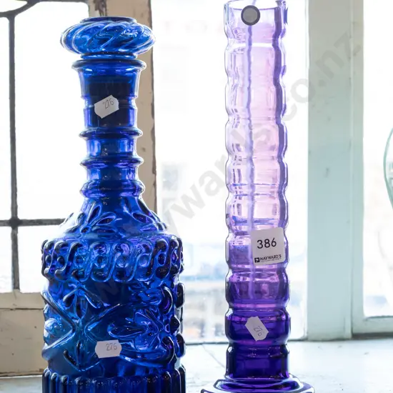 blue glass stoppered decanter, purple glass vase H290