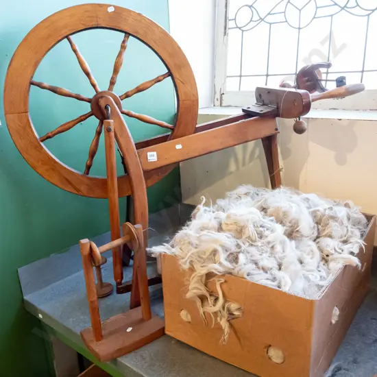 spinning wheel, box of wool