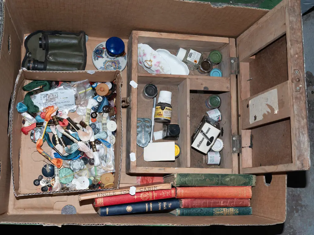 box; books, needlework threads, first aid kit, modelling paints etc Image 1++