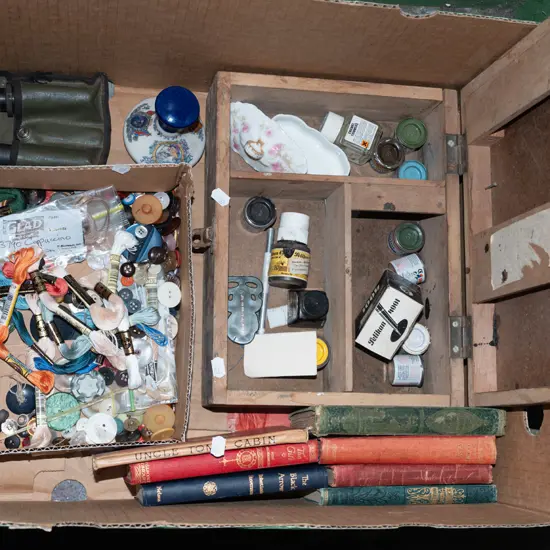 box; books, needlework threads, first aid kit, modelling paints etc