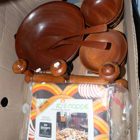 box; wooden bowls, salad servers, retro tablecloth, coat hooks