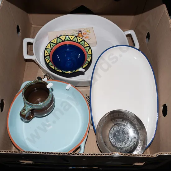 box; baking dishes, coffee cup, bowl etc