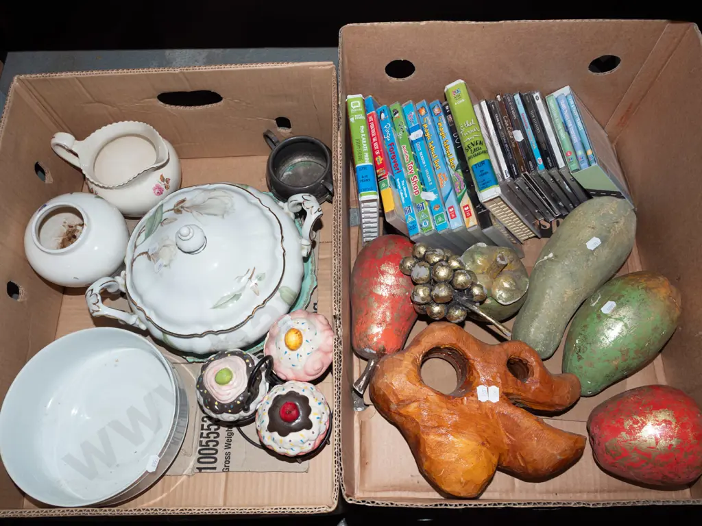 2x boxes; DVDs, CDs, faux fruit, lidded veges etc - green dots Image 1++