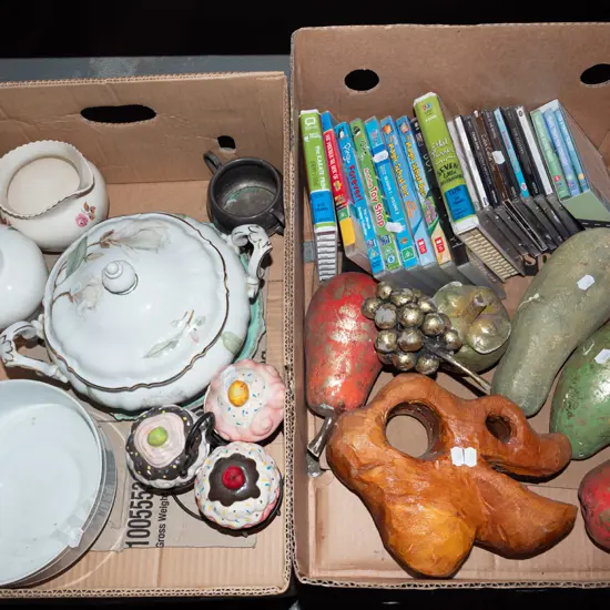 2x boxes; DVDs, CDs, faux fruit, lidded veges etc - green dots