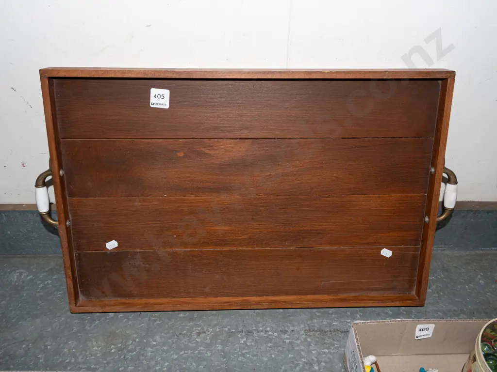 wooden tray with brass and ceramic handles W600 Image 1++