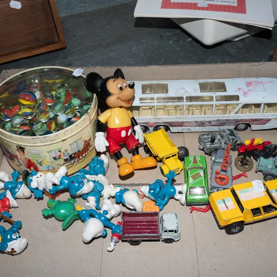 Smurfs, vehicles, marbles etc
