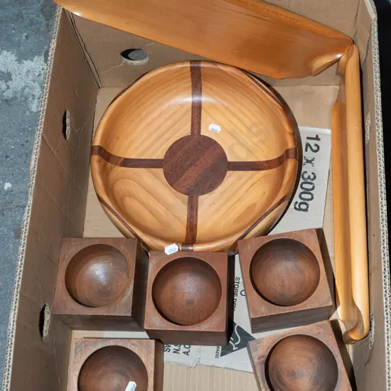 box; turned wooden bowls, rimu serving trays