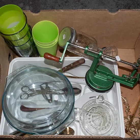 box; cutlery, apple corer/peeler, glass bowls  etc